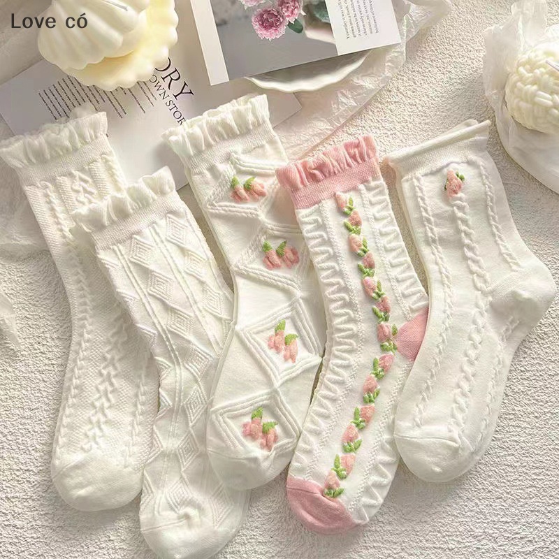 Tình yêu có 1 cặp dễ thương harajuku lolita vớ trắng jk cô gái hoa anh đào in hoa vớ thoáng khí bông thường ngày phụ nữ hàng ngày vớ ống trung tình yêu