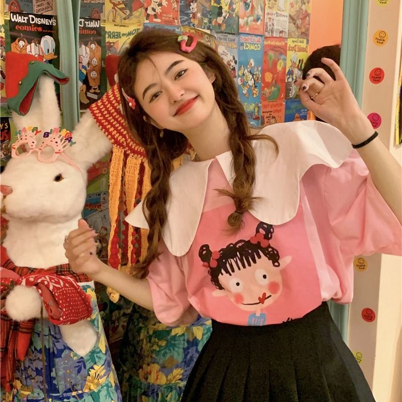 Áo Thun Tay Ngắn Dáng Rộng Cổ Búp Bê Màu Tương Phản Dễ Thương Phong Cách Hàn Quốc Cho Nữ