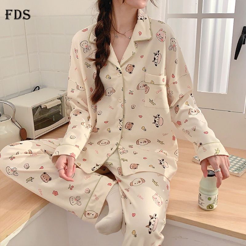 Bộ đồ ngủ FDS gồm áo tay dài và quần dài họa tiết cún dễ thương thời trang thu đông thoải mái dành cho nữ
