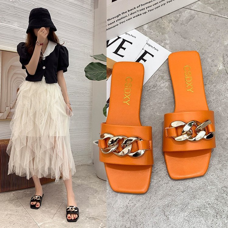 Dép Sandal Đế Bằng Phối Khóa Kim Loại Thời Trang Mùa Hè Cho Nữ