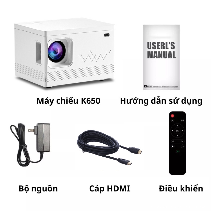 Máy chiếu mini Kaw K650 Plus - Hàng Chính Hãng, Độ Phân Giải 1080P, Âm Thanh Audio Sắc Nét, Bảo hành 1 đổi 1