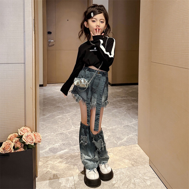 Set Áo Thun Tay Dài Phối Quần jeans Dài Thời Trang Mùa Thu Mới Cho Bé Gái