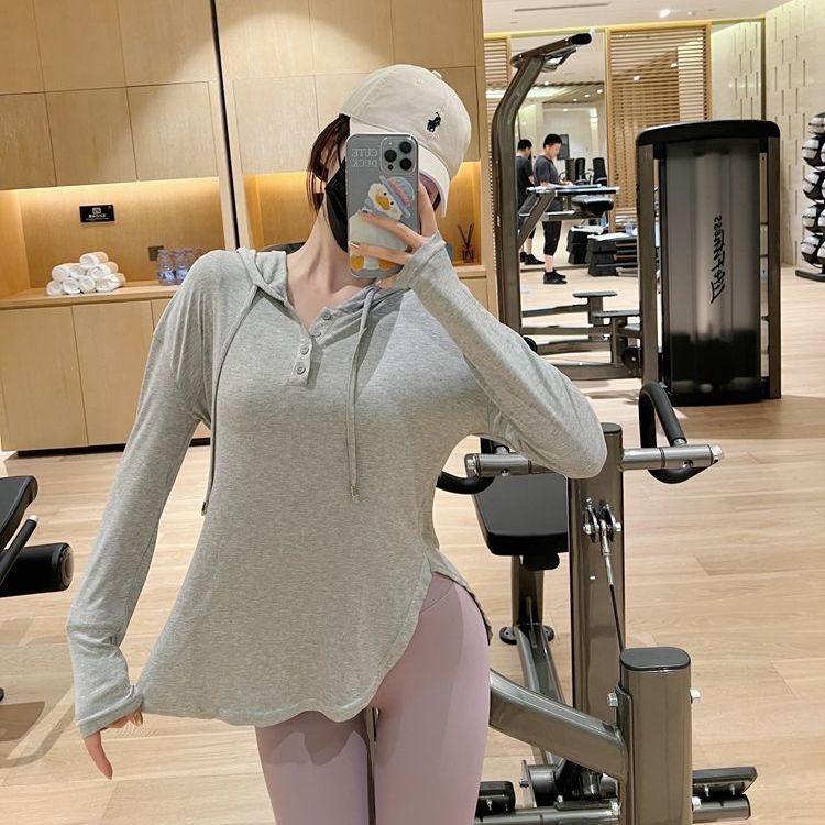 Áo Thun Thể Thao Tay Dài Có Mũ Trùm Phối Dây Rút Thời Trang Dành Cho Nữ