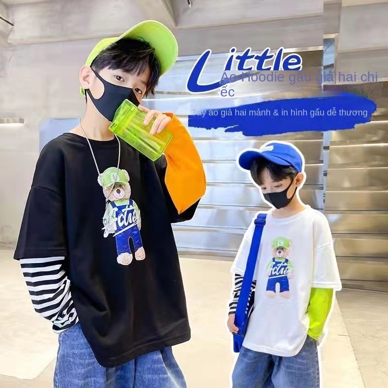 Boys fall fake two pieces sweater new long-sleeved t-shirt lỏng lẻo trẻ em trung và lớn nối áo xu hướng quần áo trẻ em