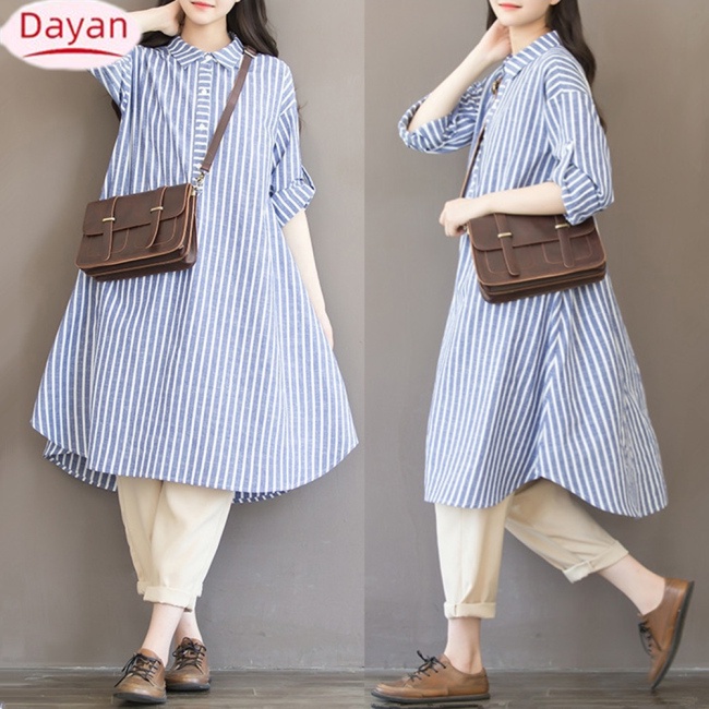 Dayan phụ nữ kích thước lớn chiều dài trung bình váy hợp thời trang sọc rộng rãi thoáng khí váy bà bầu