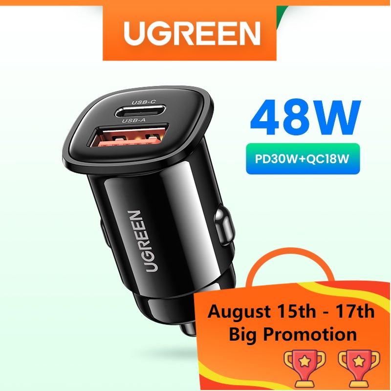 Tẩu sạc UGREEN USB-C USB-A sạc nhanh ô tô hai cổng 48W thích hợp cho Xiaomi 12/ Samsung S20 S21/ iPhone 12 13 14 Pro Max