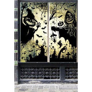 Combo-decal halloween- hít tĩnh điện-đầu bí đen và ma cầm đèn cười đáng sợ