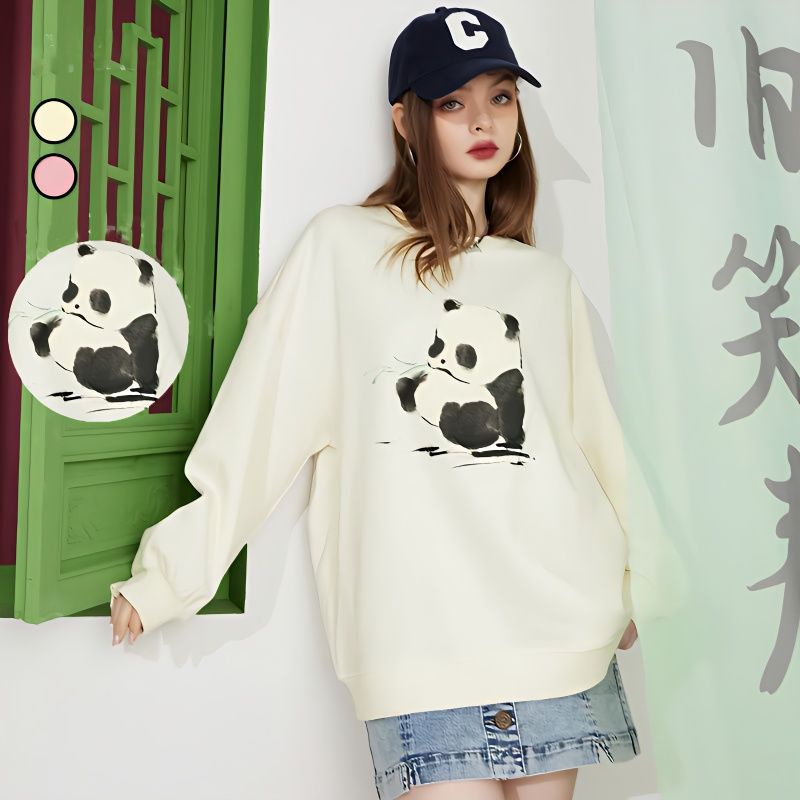 Autumn long-sleeved top women national chao panda in white round neck sweatshirt women new style spring autumn phiên bản hàn quốc lỏng lẻo đơn giản không có mũ trùm đầu