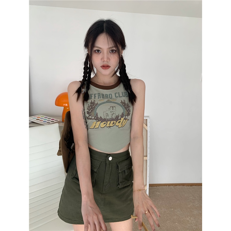 Cocory vn Áo Crop top Ôm Dáng Vừa Vặn In Họa Tiết Retro Mỹ Dễ Phối Đồ Cho Nữ