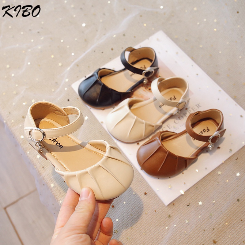 Giày Sandal Da Đế Bằng Phối Ren Phong Cách Công Chúa Cho Bé Gái