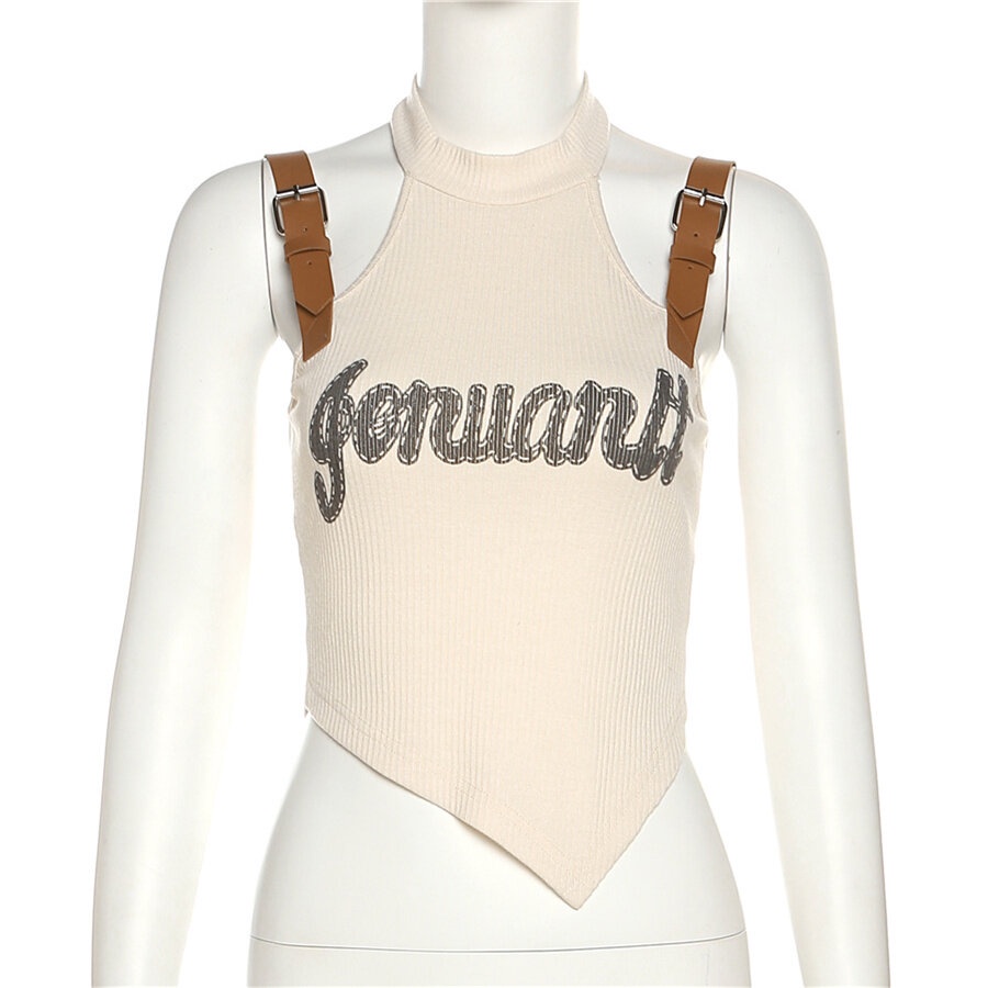 Áo Hai Dây In Chữ Ôm Dáng Phối Thắt Lưng Ngọt Ngào Dễ Thương Thời Trang Mùa Hè Cho Nữ