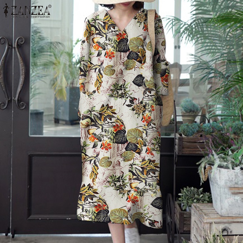 Đầm ZANZEA tay 3 / 4 cổ chữ V họa tiết hoa phong cách Hàn Quốc dành cho nữ