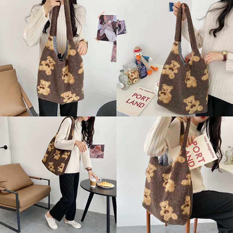 Fancy Túi Tote Đeo Vai Bằng Vải Bông Mềm Mại Sức Chứa Lớn Hình Gấu Dễ Thương Giữ Ấm Cho Nữ