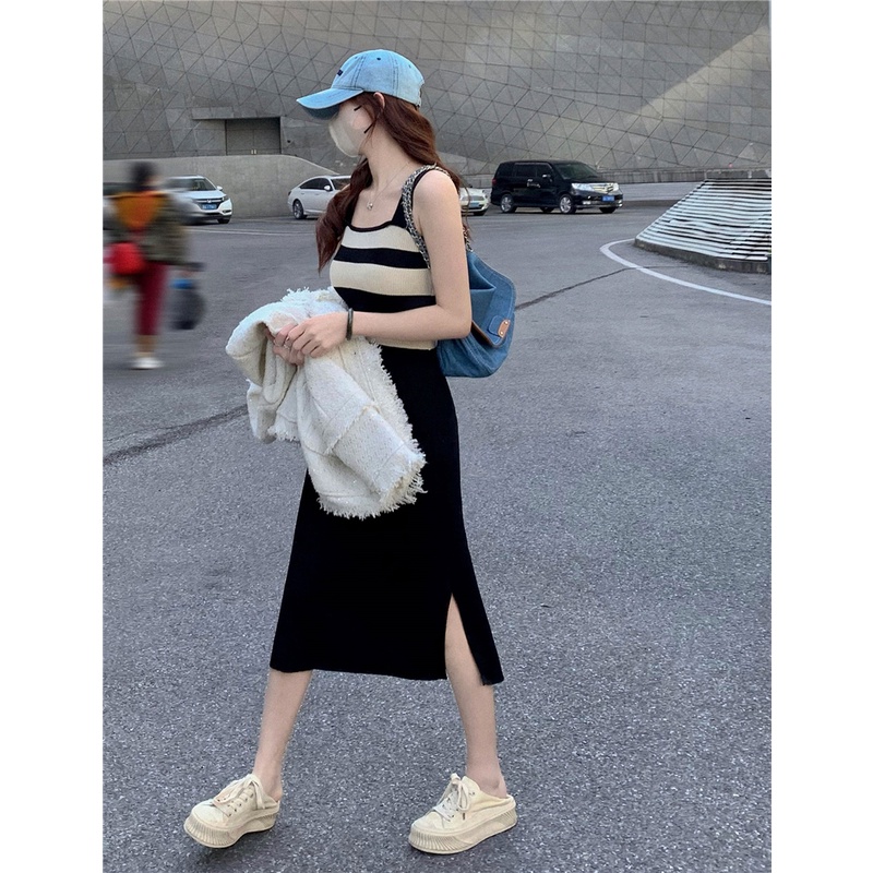 SUXI Đầm Midi Hai Dây Dệt Kim Ôm Dáng Phối Họa Tiết Kẻ Sọc Màu Đen Thời Trang Mùa Xuân Cho Nữ