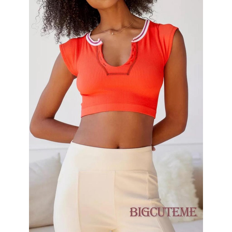 Áo Thun Crop Top Ôm Dáng Cổ Chữ V Màu Sắc Tương Phản Thời Trang Mùa Hè Cho Nữ