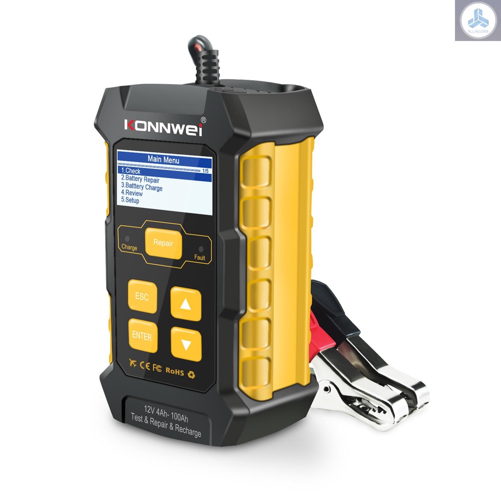 KONNWEI KW510 12V Car Battery Tester 5A lead acid Battery Charger Maintainer with Alligator Rings Clips Fast Charging Multi Languages (EU Plug)