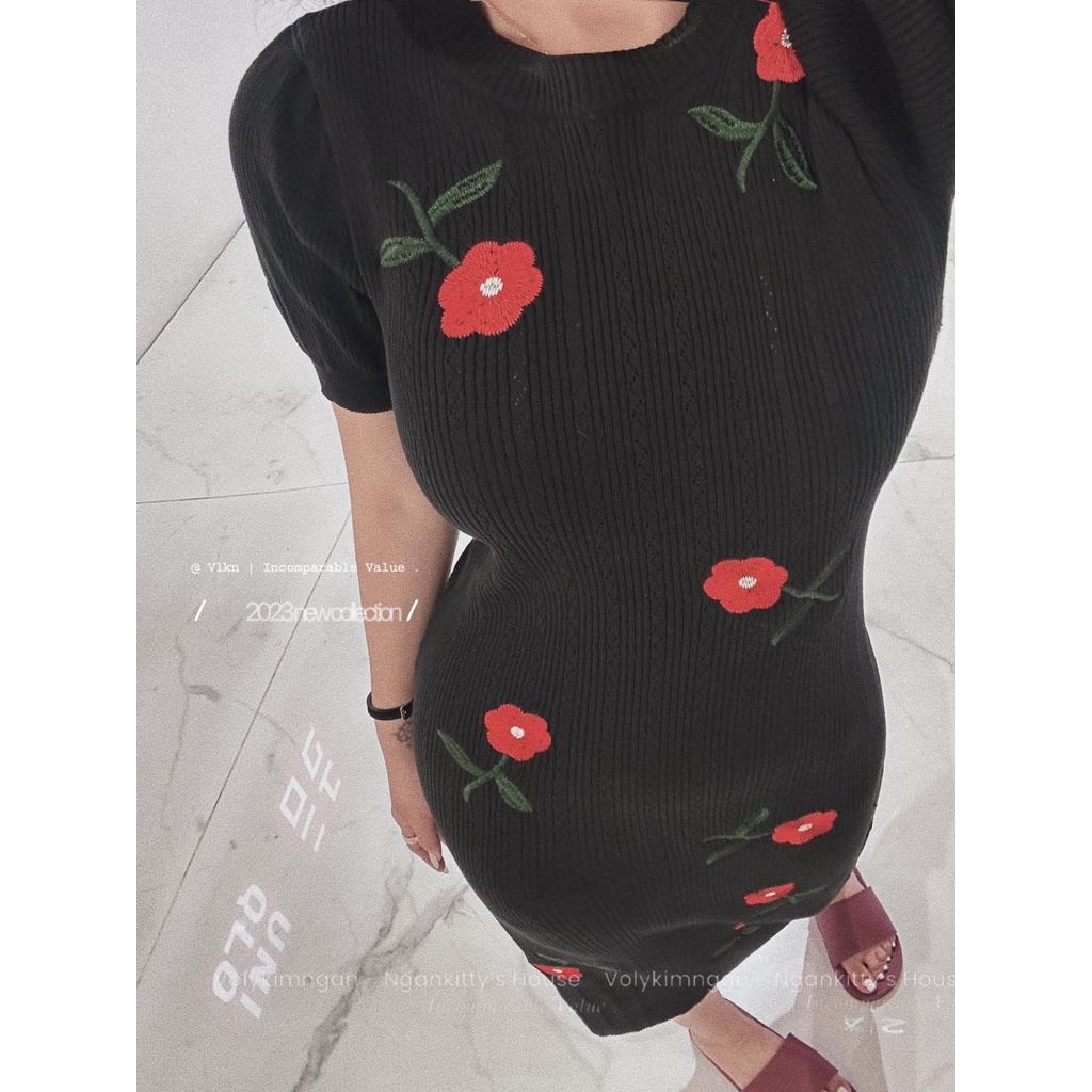 Váy len hoa nổi vai bồng