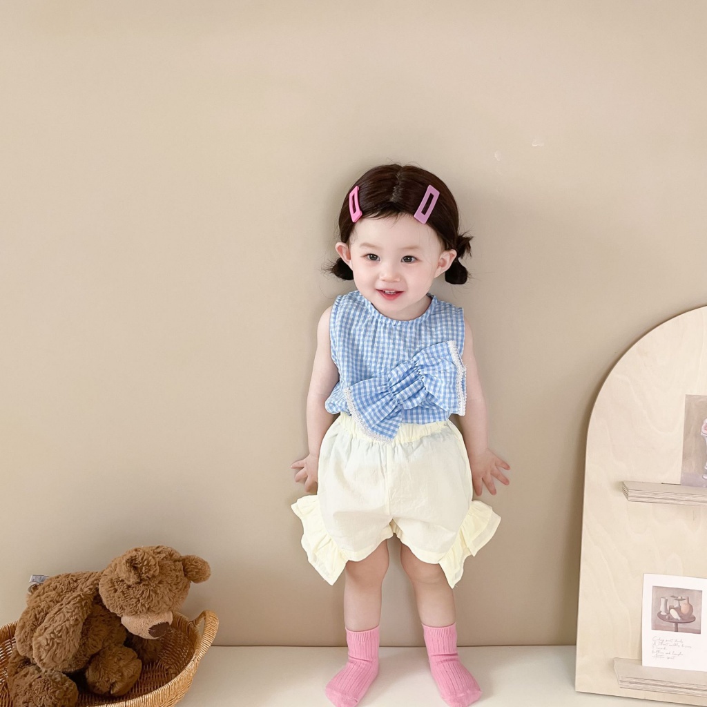 Bộ Đồ Hai Mảnh Áo Sơ Mi Thắt Nơ Phối Quần Short Họa Tiết Kẻ Ô Phong Cách Phương Tây Trẻ Trung Thời Trang Mùa Hè Hàn Quốc Mới Dành Cho