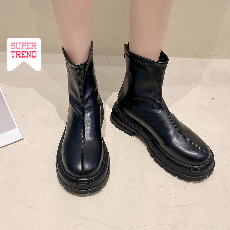 Giày Bốt Cao Gót Mũi Tròn Màu Trơn Phối Khóa Kéo Thời Trang Cho Nữ