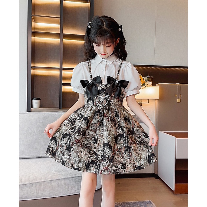 Bộ Áo Sơ Mi Phối Chân Váy Yếm Kiểu Hàn Quốc Thời Trang Mùa Hè Cho Bé Gái
