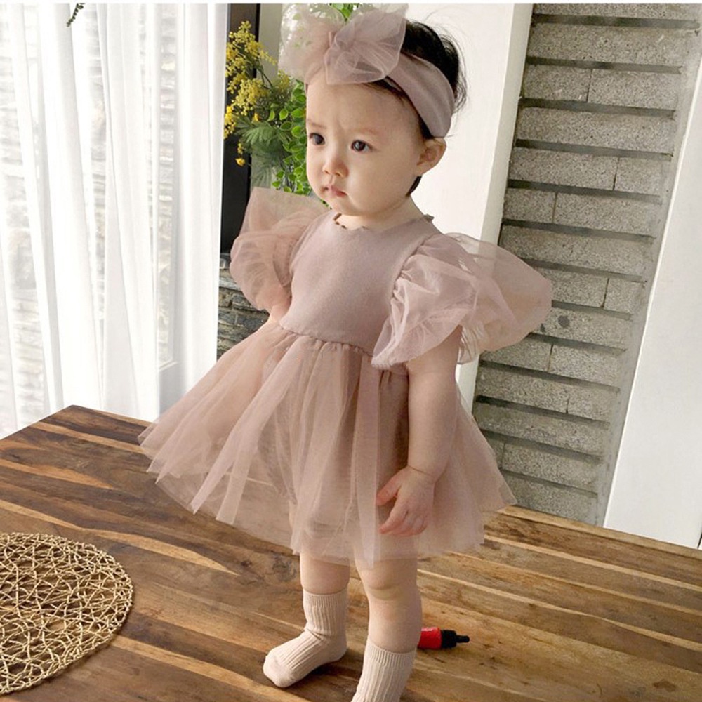 Bộ Áo Liền Quần Tay Phồng Ngắn Kiểu Công Chúa Hàn Quốc Dễ Thương Cho Bé Gái
