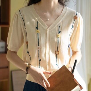 Áo Thun Lụa Lạnh Mỏng Tay Ngắn Cổ Chữ v Thêu Hoa Thời Trang Mùa Hè 2023 Phong Cách Mới Cho Nữ