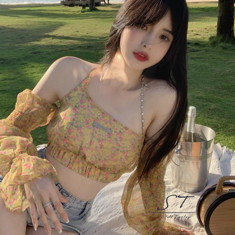 Áo Croptop Trễ Vai Tay Dài In Họa Tiết Hoa Thời Trang Quyến Rũ Cho Nữ