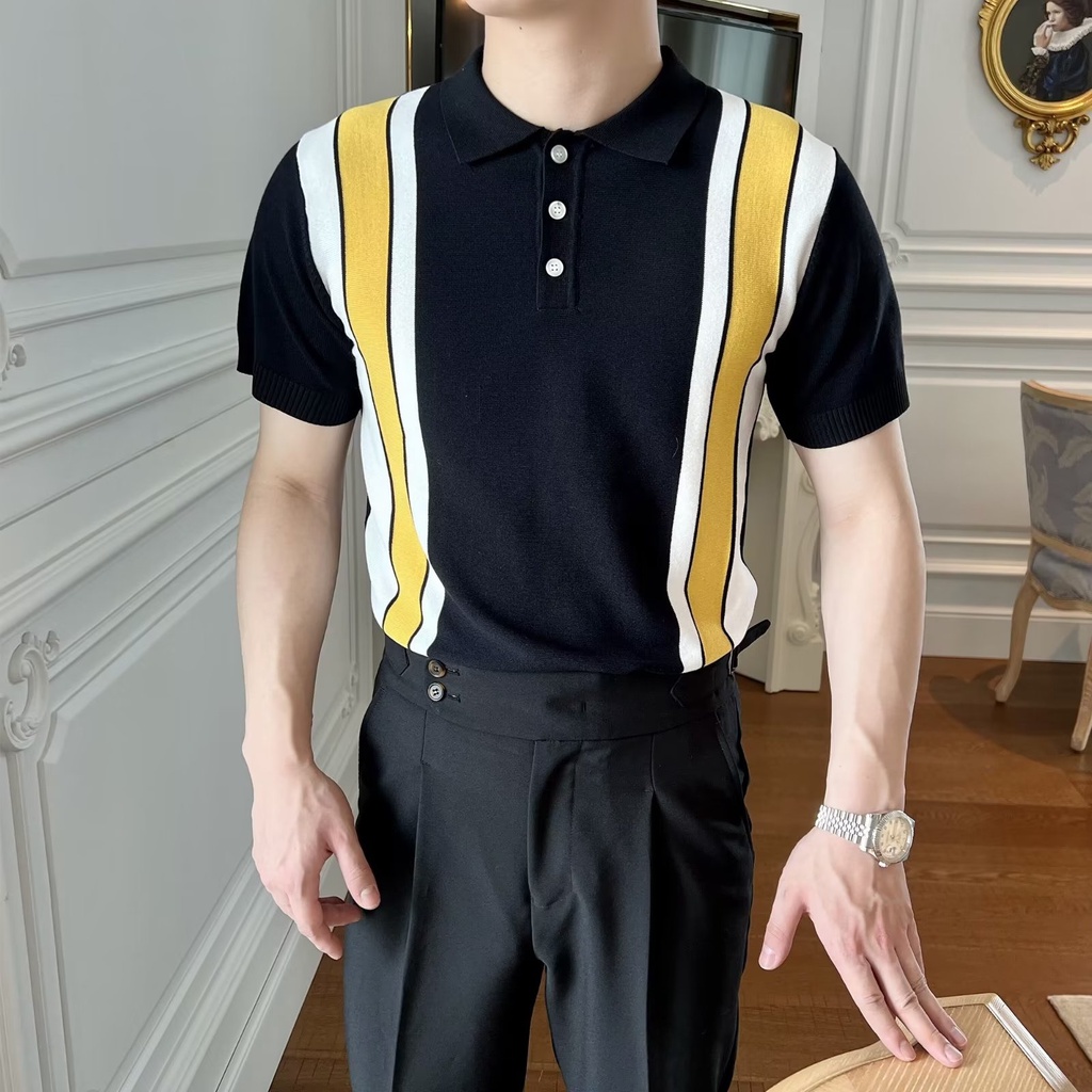 Áo Thun Polo Tay Ngắn Dáng Ôm Họa Tiết Kẻ Sọc Màu Đen Thời Trang Mùa Hè Cao Cấp Cho Nam