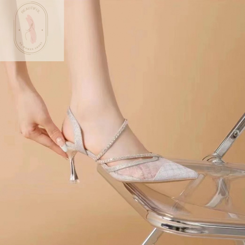 Giày Cao Gót Mũi Nhọn Phối Lưới Thoáng Khí Thời Trang Mùa Hè 2023 Cho Nữ