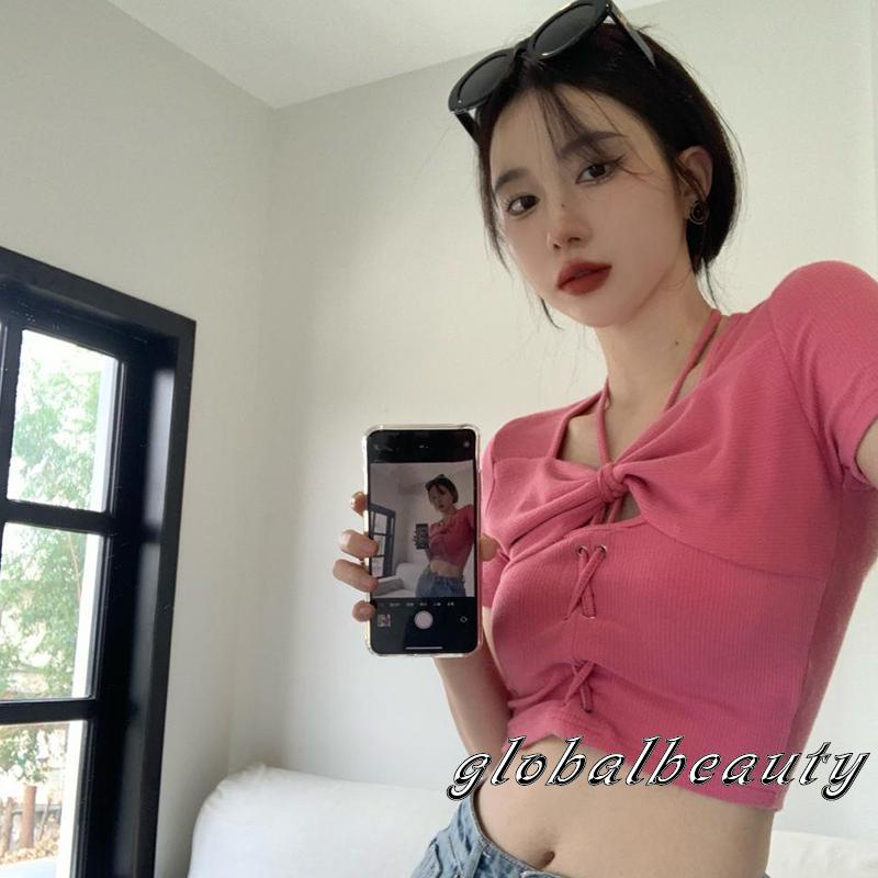 Áo Thun Crop Top Ngắn Tay Thắt Nơ Trước Màu Trơn Thời Trang Mùa Hè Dành Cho Nữ