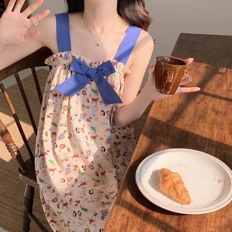 Đầm Hai Dây Mỏng Dáng Rộng In Họa Tiết Hoạt Hình Dễ Thương Cho Nữ La308