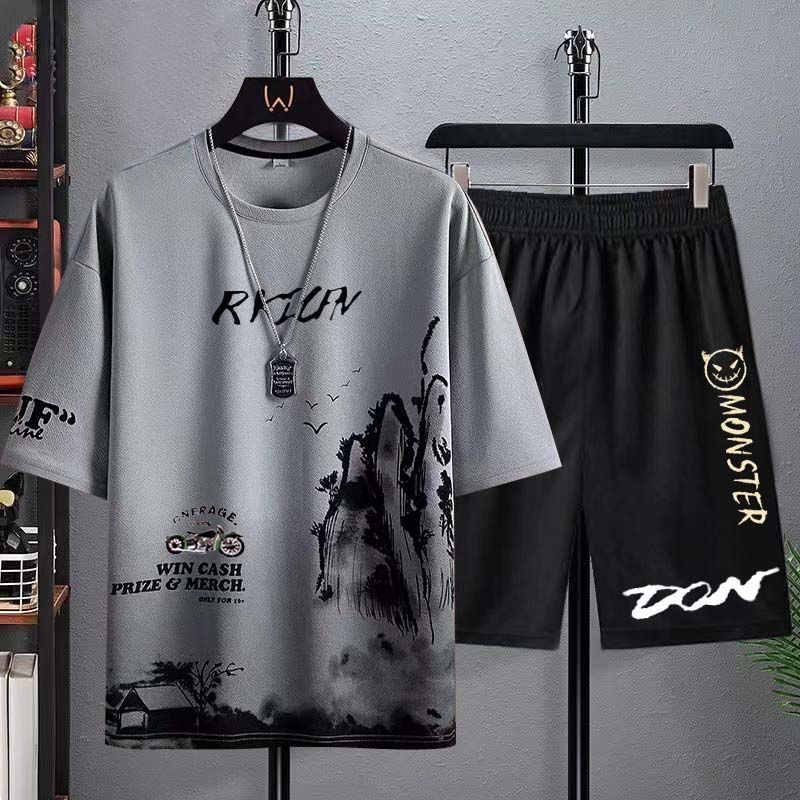 Áo phông nam ngắn tay lụa băng mẫu mới M-5XL bộ đồ thể thao quần năm phân cỡ lớn rộng rãi dành cho học sinh thanh thiếu niên