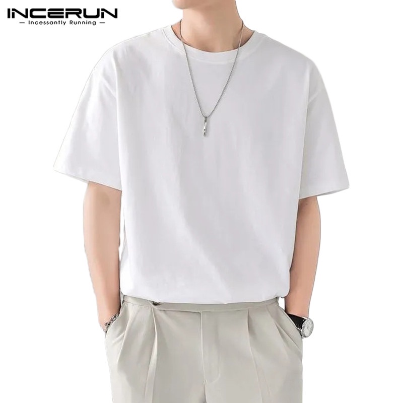 INCERUN Áo Thun Tay Ngắn Cổ Tròn Màu Trơn