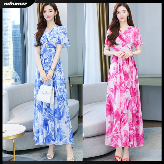 Đầm Hoa Tay Ngắn Cổ Chữ V Dáng Xòe Thời Trang Cho Nữ