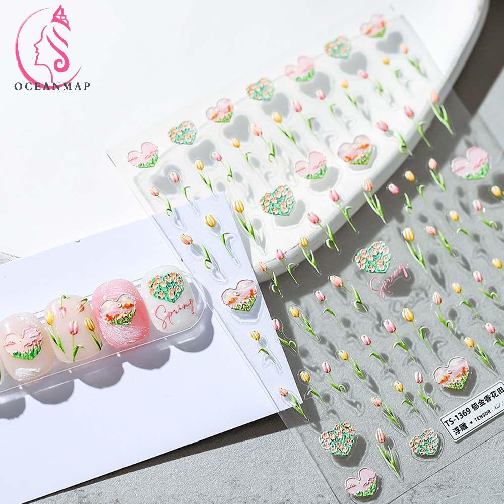 Miếng dán lá nhôm trang trí móng tay 3D phong cách Nhật Bản tự dính họa tiết hoa tulip dập nổi 5D