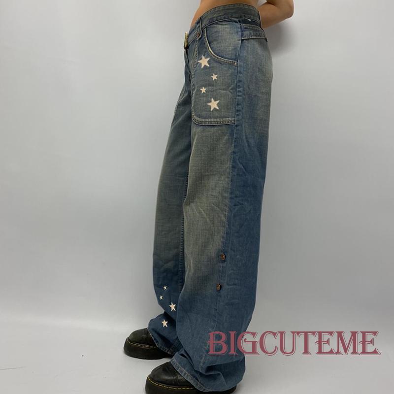 Quần Jean Dài Eo Thấp Dáng Rộng In Hình Ngôi Sao Kiểu Retro Thời Trang Xuân Thu Cho Nữ