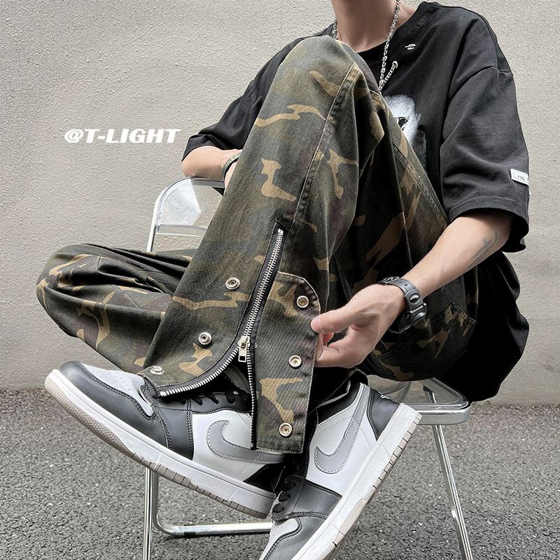 Quần Jean Ống Loe Phối Khóa Kéo Thời Trang Đường Phố Mỹ Cá Tính Cho Nam