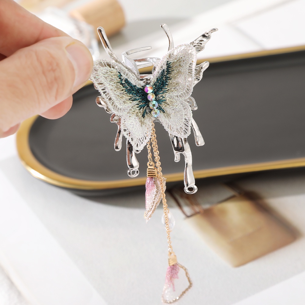 Kẹp Tóc Nơ Tua Rua Bằng Kim Loại Thêu Họa Tiết Thanh Lịch