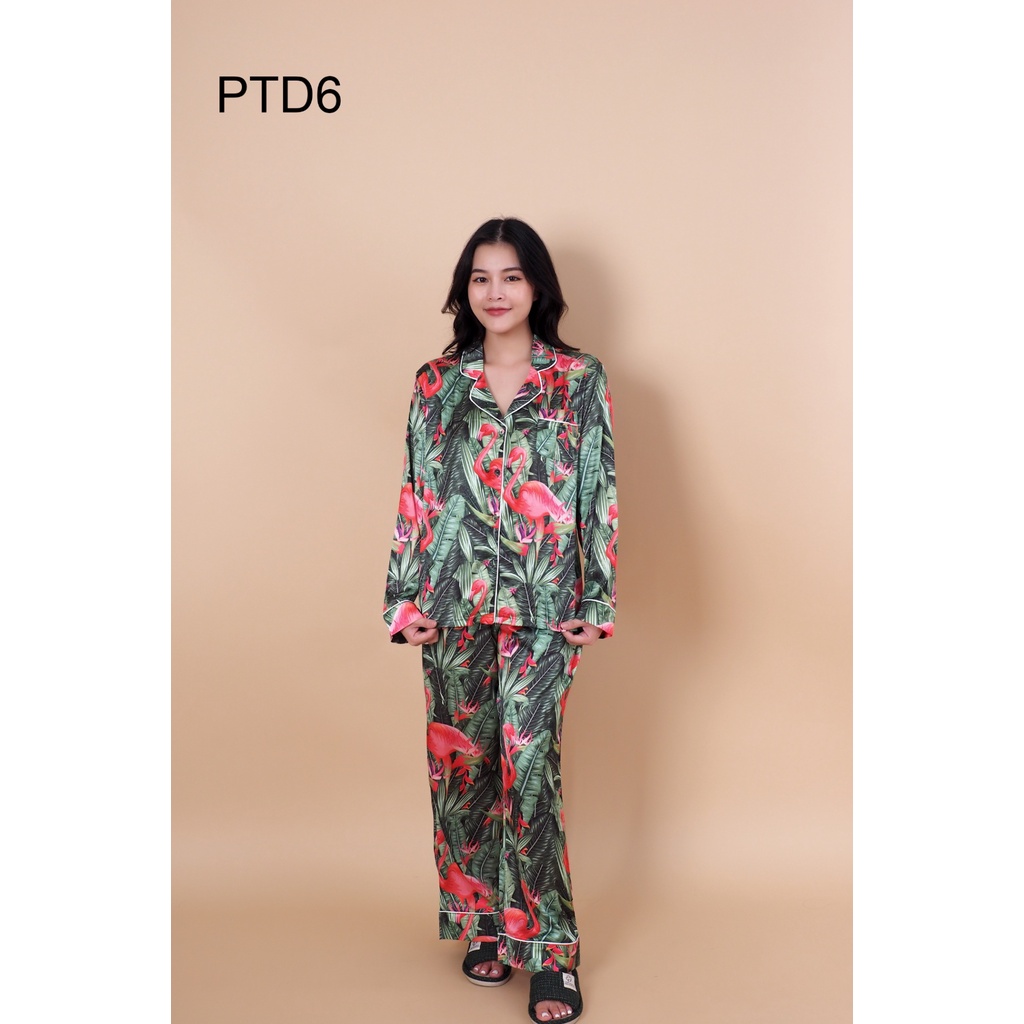 Bộ pijama lụa cao cấp tay dài hoạ tiết hồng hạc - PTD6