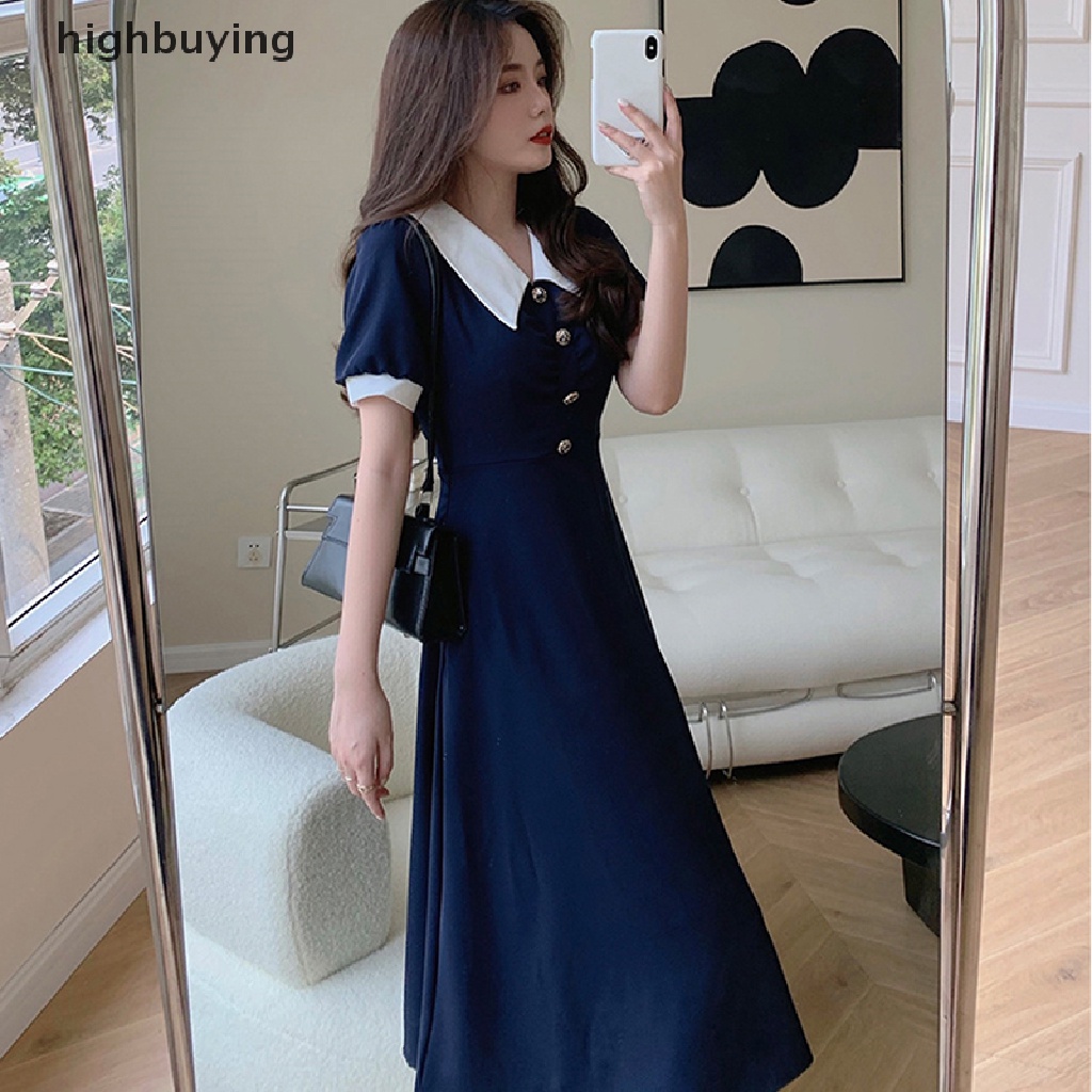 Hbvn Belle Peter Pan Đầm Midi Tay Phồng Phối Màu Thổ Cẩm Có Dây Cột Ở Giữa Bắp Chân Mùa Hè Cho Nữ