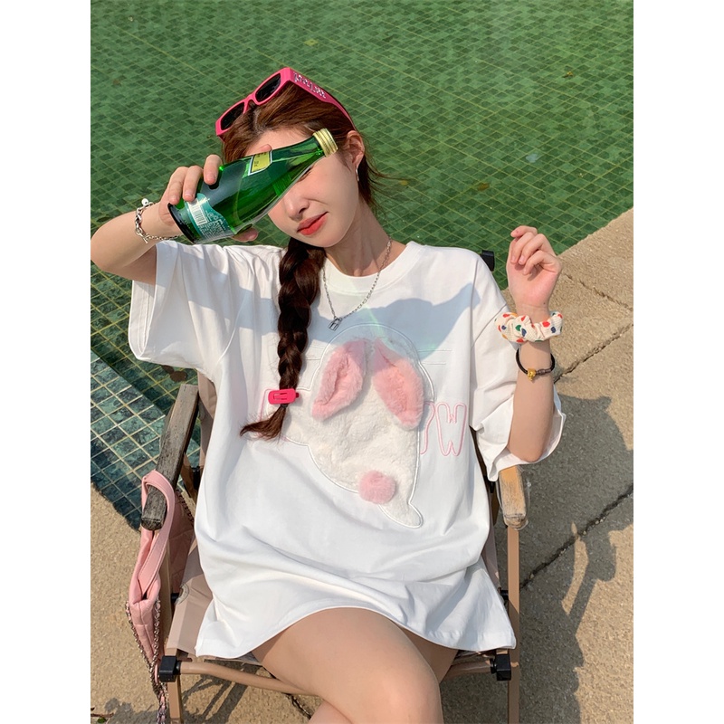 Áo Thun Ngắn Tay Dáng Rộng In Hình Thỏ Dễ Thương Phong Cách Hàn Quốc Thời Trang Mùa Hè Cho