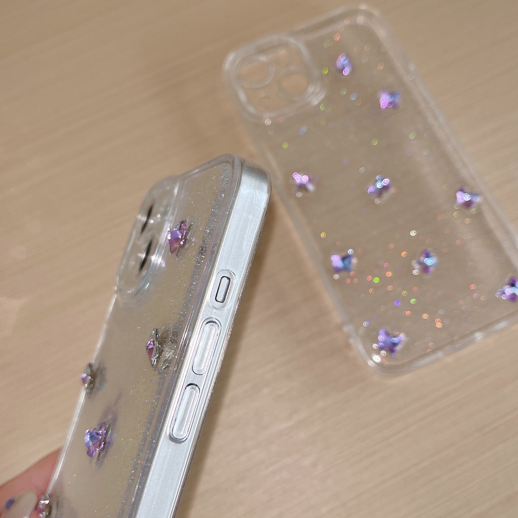 Ốp Điện Thoại TPU Silicon Mềm Trong Suốt Chống Sốc Phối Kim Tuyến Hình Bướm 3D Cho iPhone 14 Pro Max 13 12 11