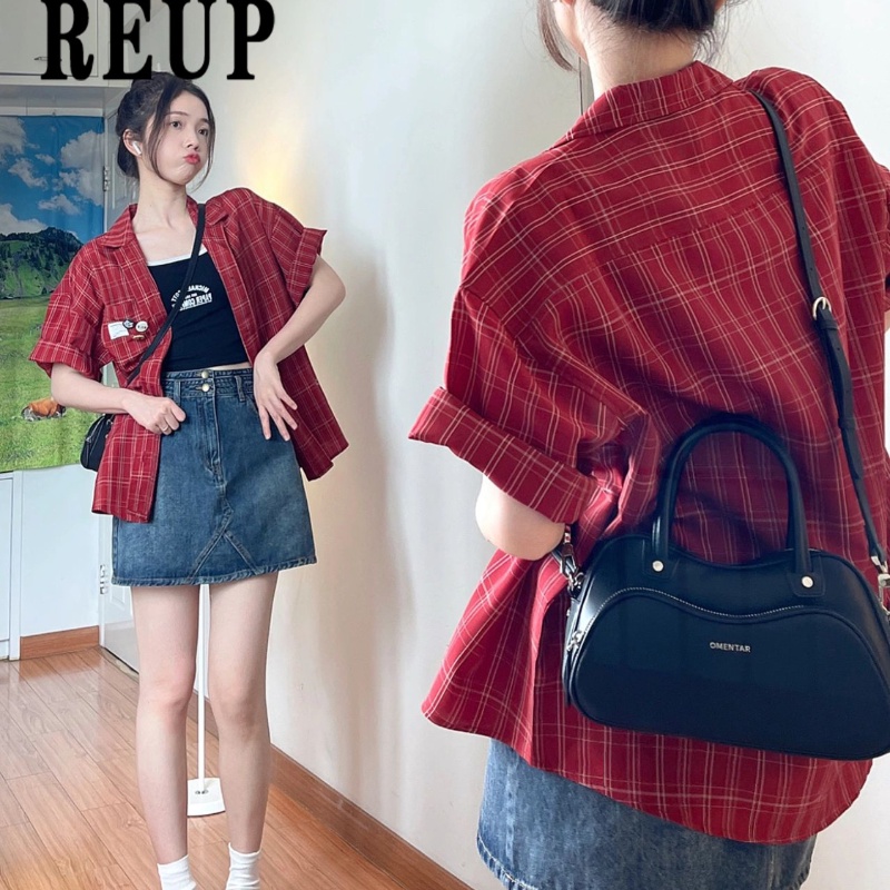 COZOK Áo Sơ Mi Tay Ngắn Dáng Rộng Họa Tiết Sọc Caro Phong Cách Vintage