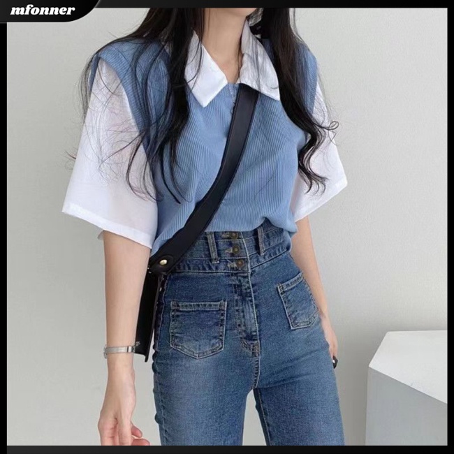 Áo Sơ Mi Tay Ngắn Dáng Rộng Màu Sắc Tương Phản Thời Trang Mùa Hè Thoáng Khí Cho Nữ