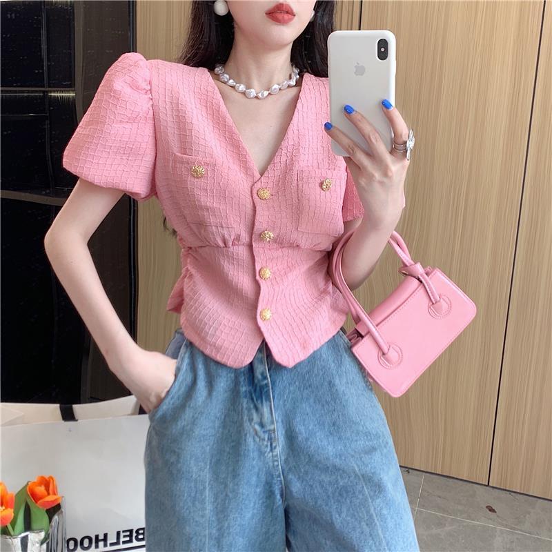 Áo Sơ Mi Tay Ngắn Phồng Cổ Chữ v Phong Cách Pháp Thời Trang Mùa Hè 2023 Mới