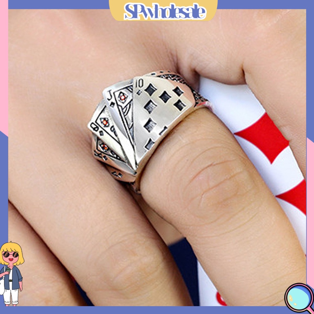<SPwholesale> Nhẫn Hở Mạ Bạc Khắc Hình Lá Bài Poker Có Thể Điều Chỉnh Kích Cỡ