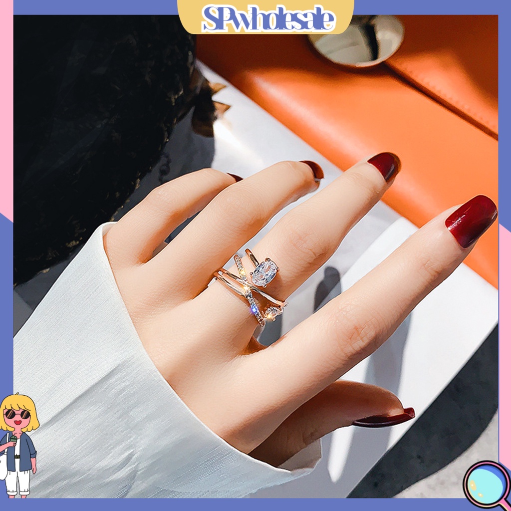 <SPwholesale> Nhẫn Kim Loại Dạng Mở Nhiều Lớp Đính Đá Trang Trí Có Thể Điều Chỉnh Cho Nữ