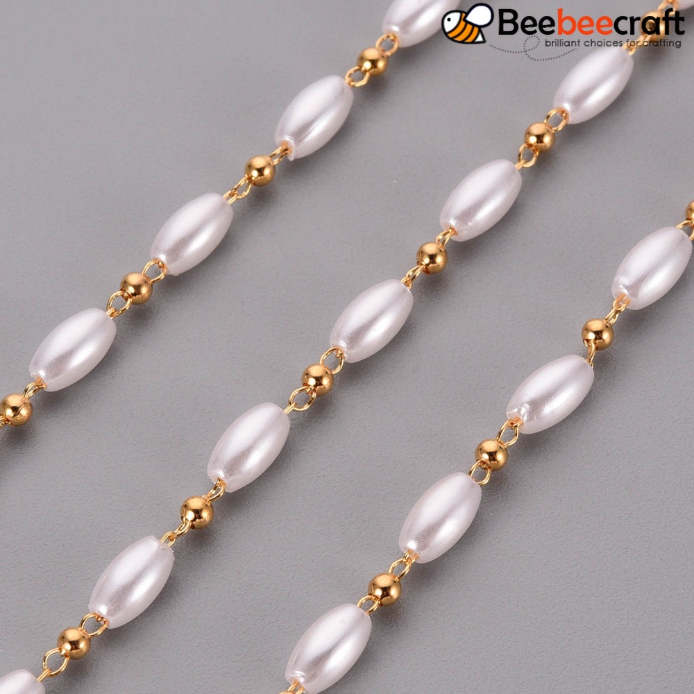 1 Cuộn Chuỗi Hạt Ngọc Trai Giả Bằng Nhựa ABS Mạ Vàng 18K Kích Thước 6x3mm Khoảng 16.4 Feet (5m)