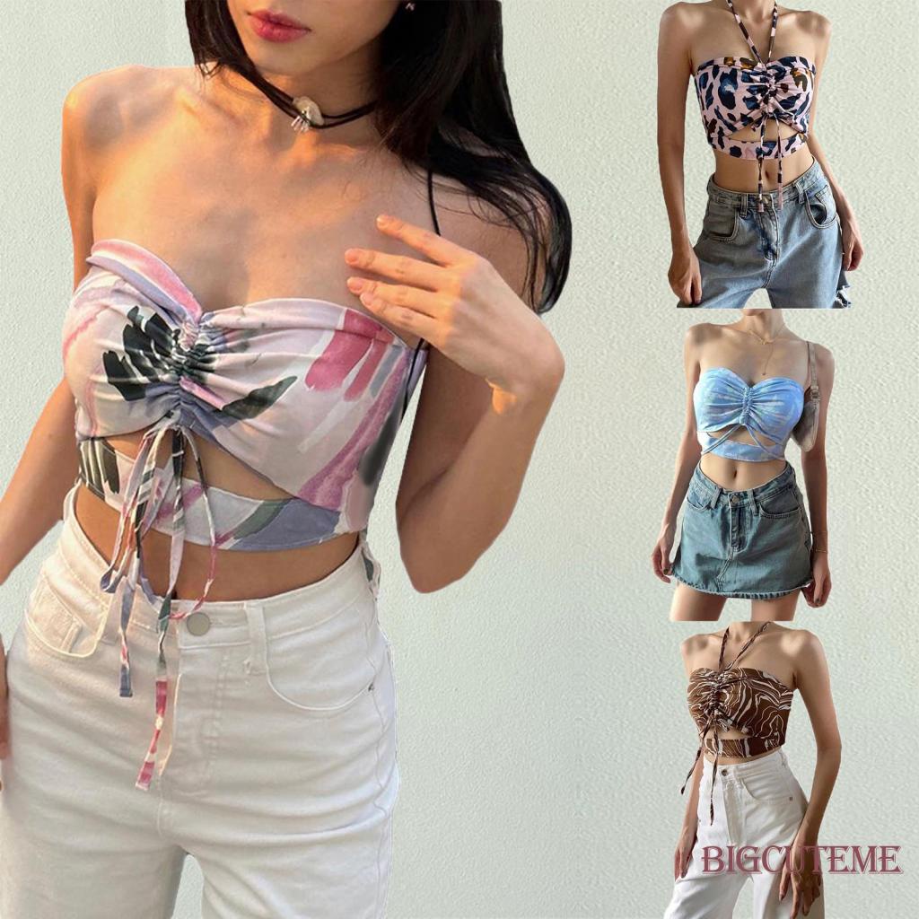 Áo Croptop Sát Nách Dây Rút Hở Lưng In Họa Tiết Thời Trang Mùa Hè Cho Nữ