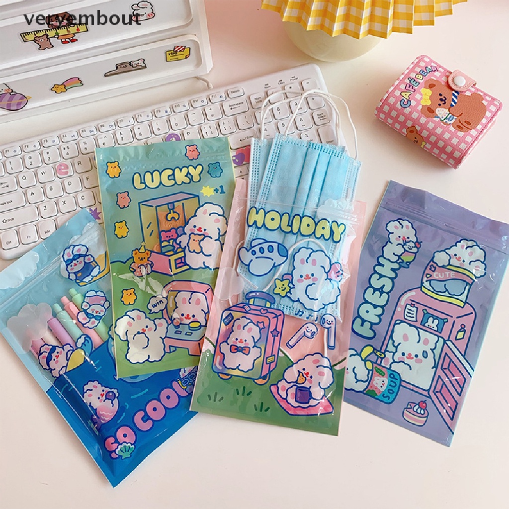 Bộ 5 Túi Zip Bằng Nhựa PVC In Hình Thỏ Dễ Thương Dùng Đựng Bánh Kẹo / Trang Sức Tiện Dụng